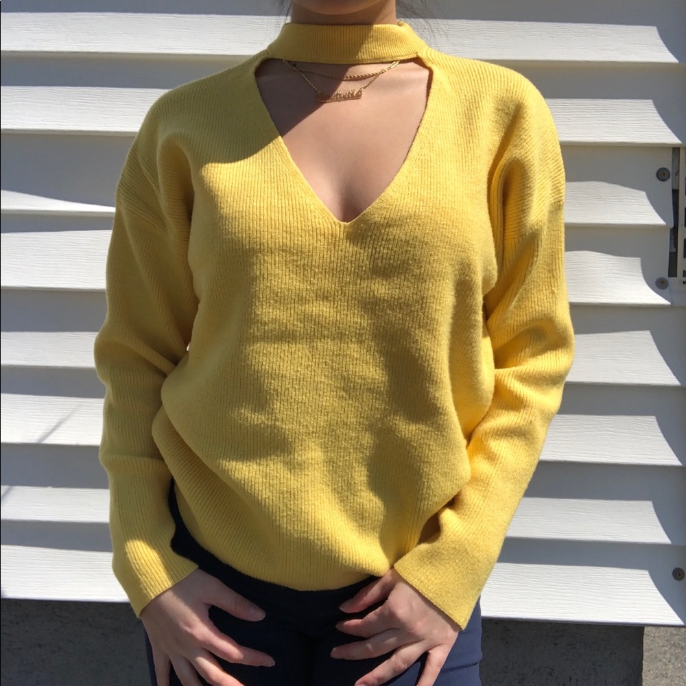 Forever 21 Yellow Choker Cutout V-Neck Sweater